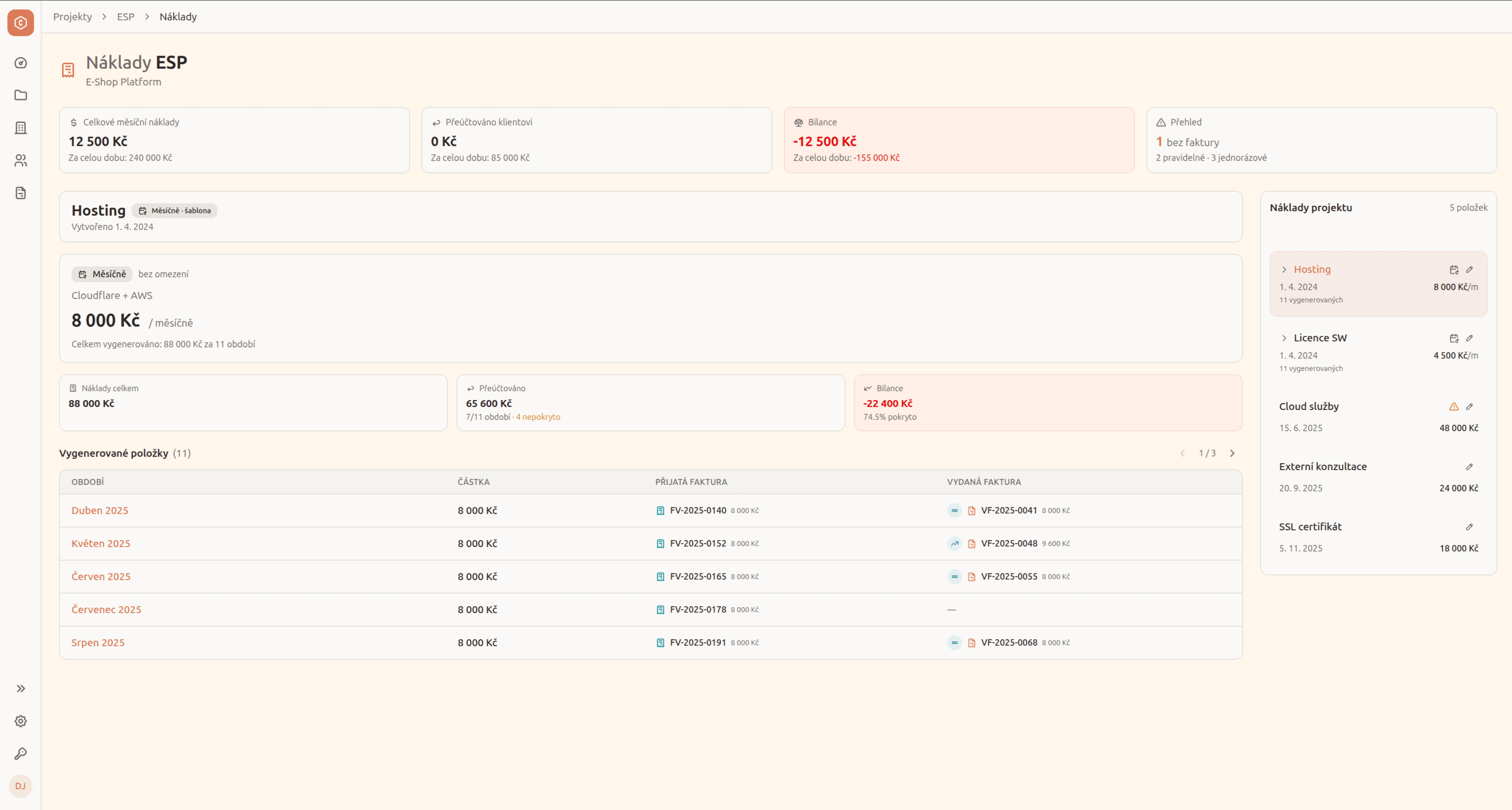 Cost Manager přehled nákladů