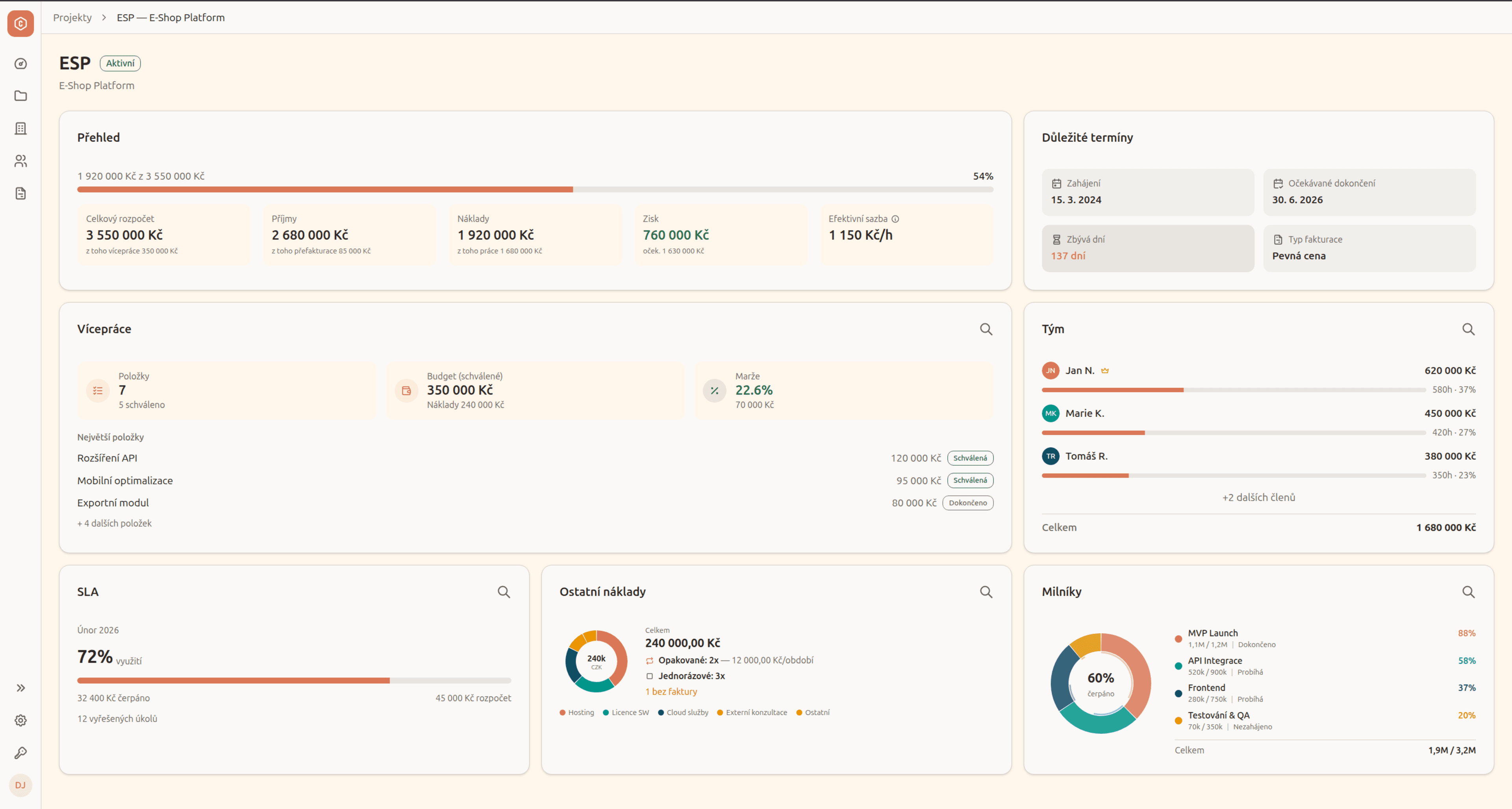 Cost Manager – detail projektu s rozpočtem, vícepracemi a milníky
