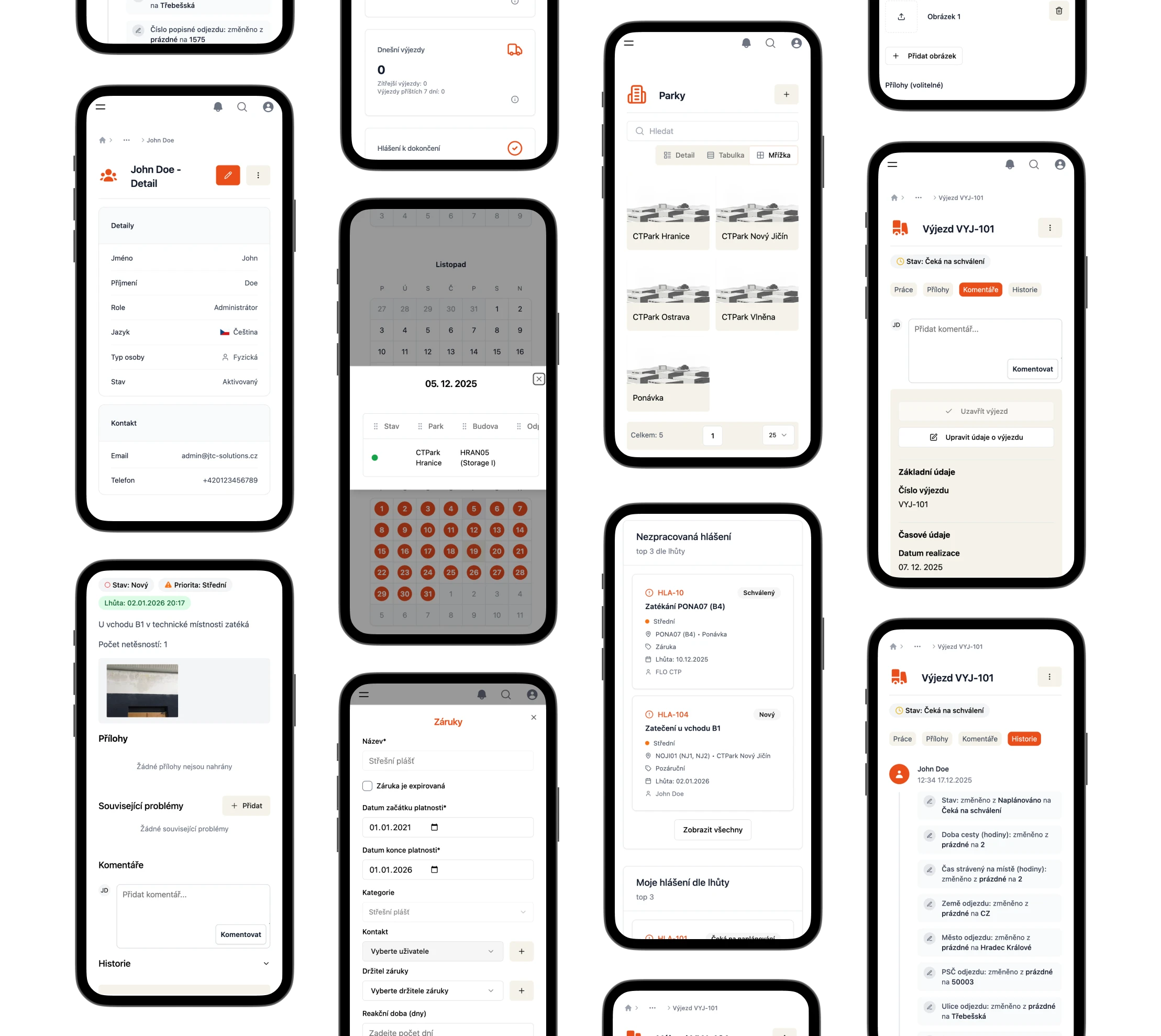 Koláž mobilních obrazovek zobrazující funkce aplikace FLO RMS
