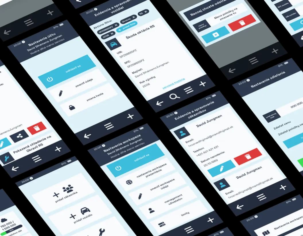 Přehled obrazovek mobilní aplikace ViVeM zahrnující evidenci zákazníků a vozidel