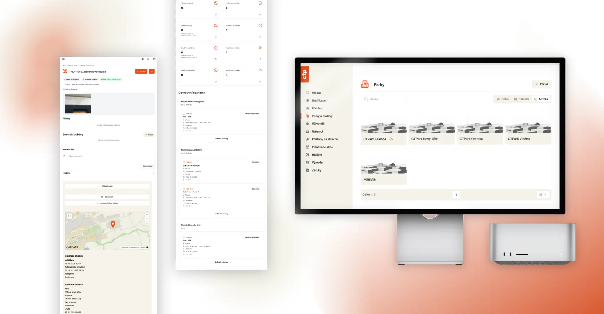 Aplikace RMS na monitoru a náhled na dashboard a detail hlášení