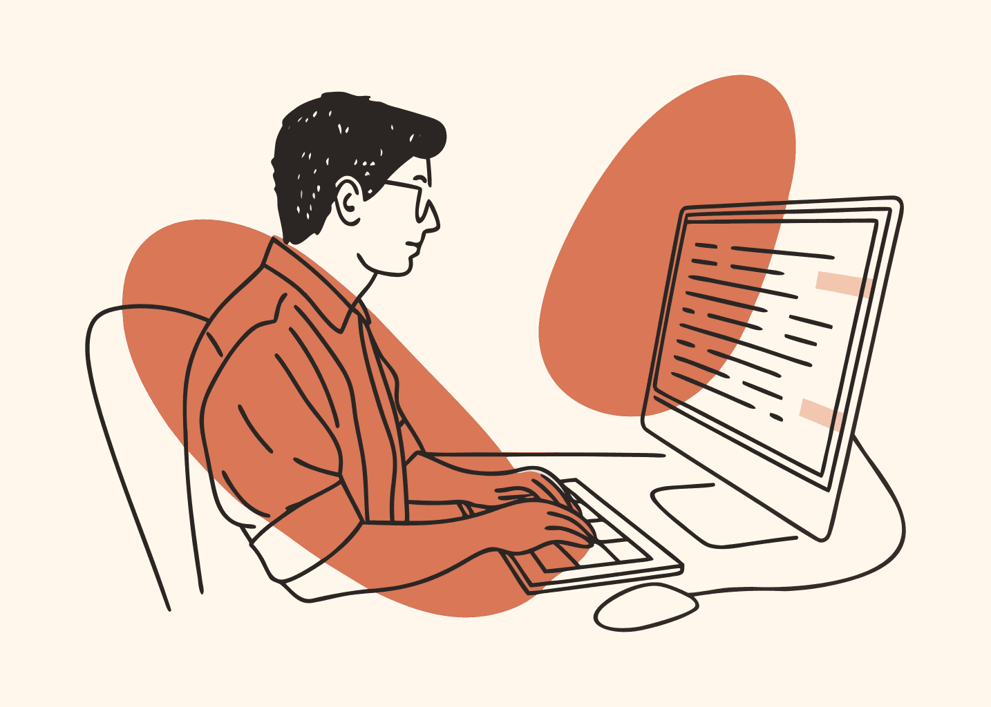 Muž sedící u počítače programuje kód