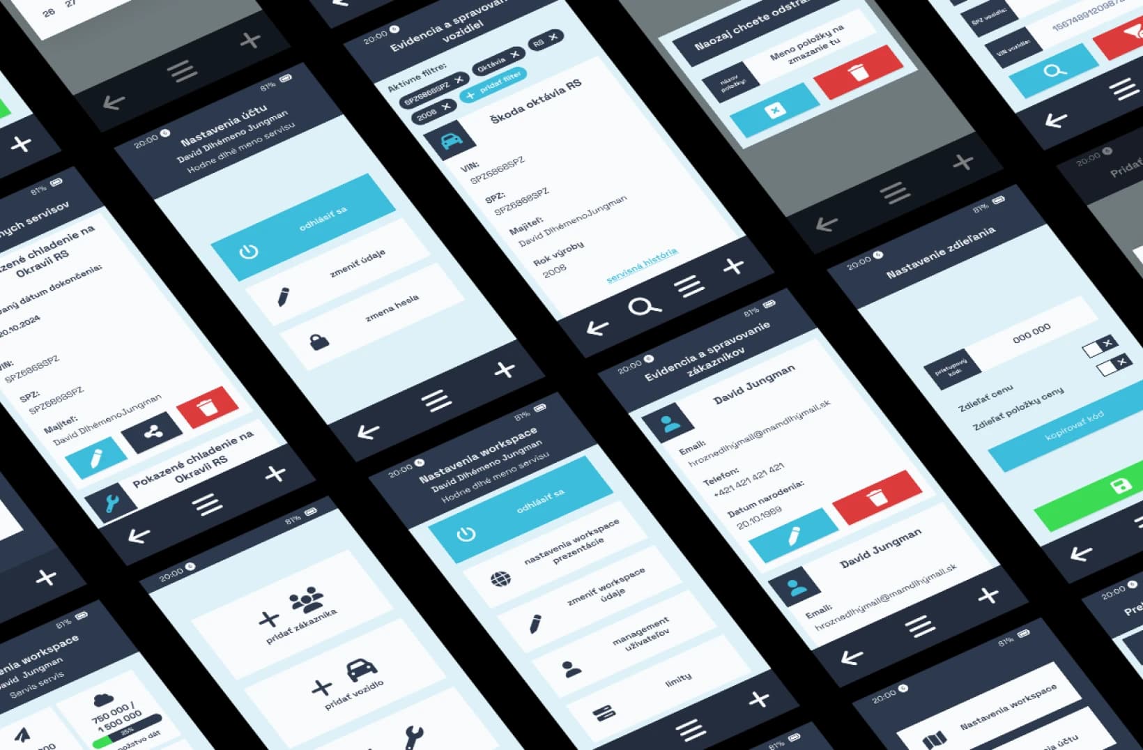 Přehled obrazovek mobilní aplikace ViVeM zahrnující evidenci zákazníků a vozidel