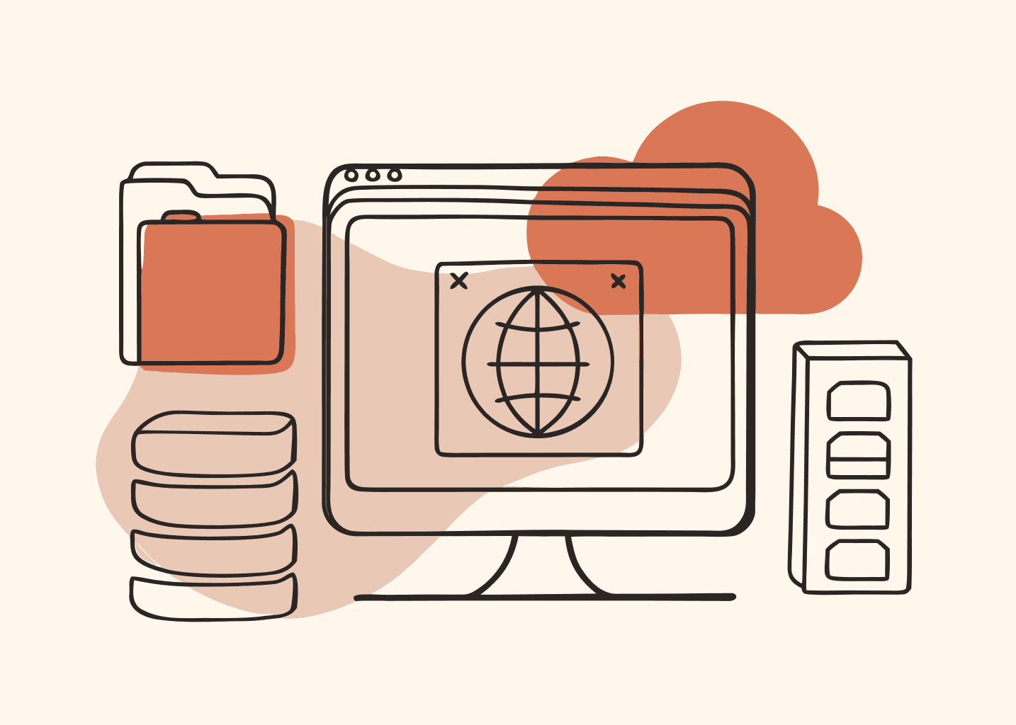 Monitor počítače s ikonami telefonu, webu, databáze a cloudu