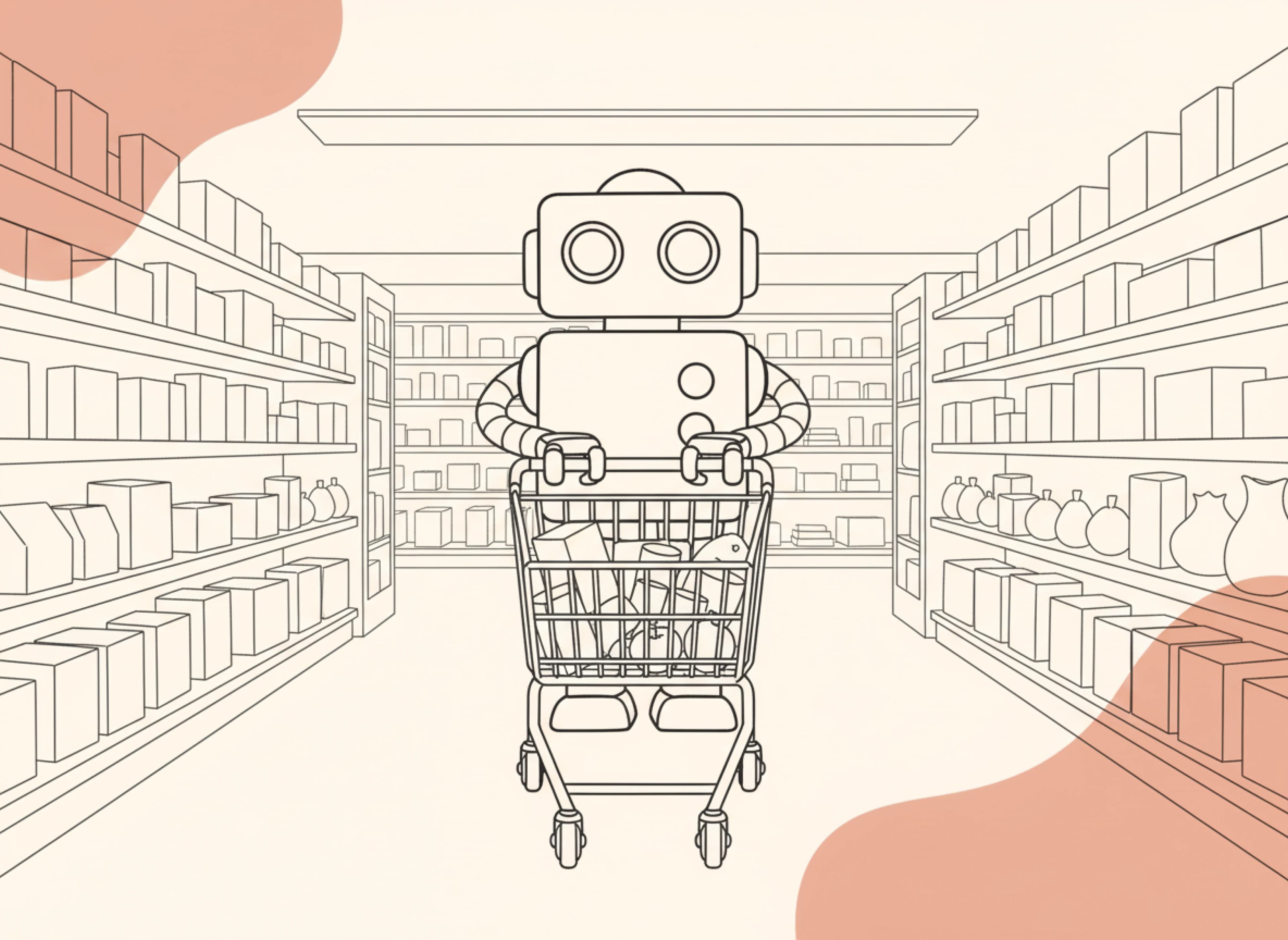 Ilustrace robota jako AI asistenta nakupujícího v obchodě