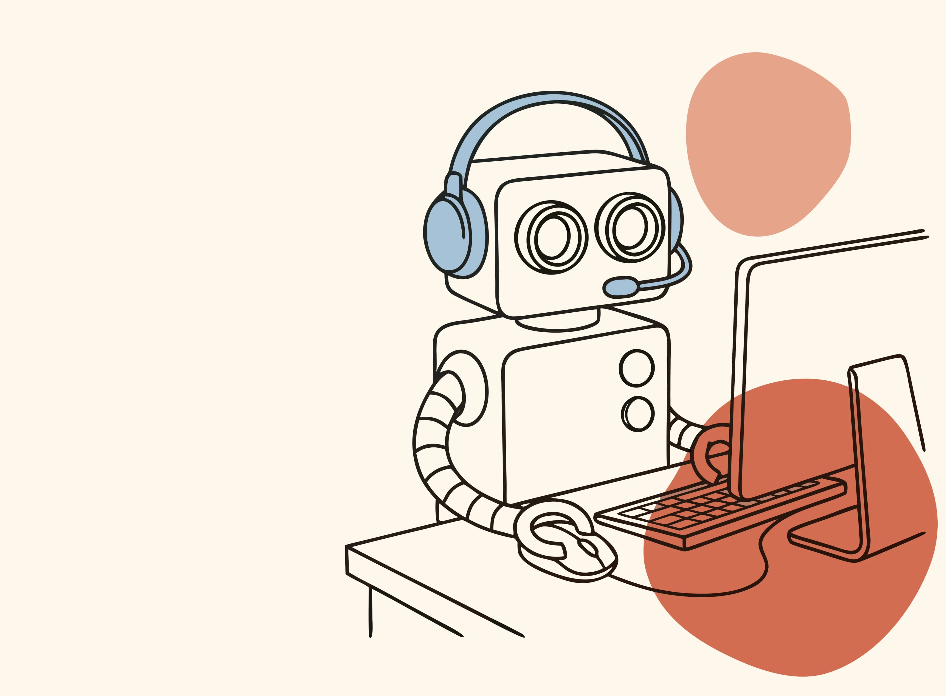 Ilustrace robota s headsetem u počítače znázorňující AI agenta v zákaznické podpoře AI agent v zákaznické podpoře
